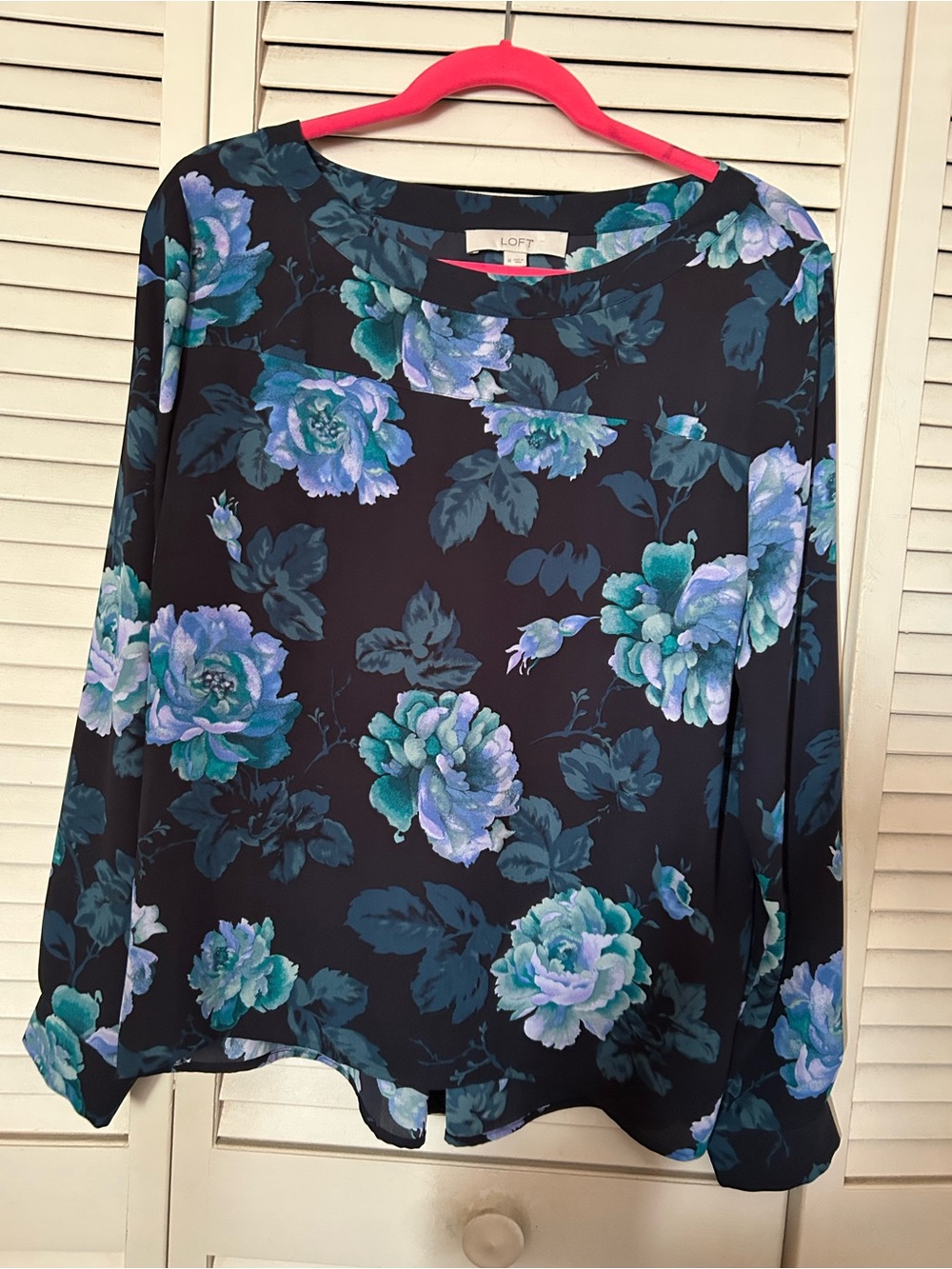 LOFT Navy Floral Long-Sleeve Top with Blue-Teal Blooms